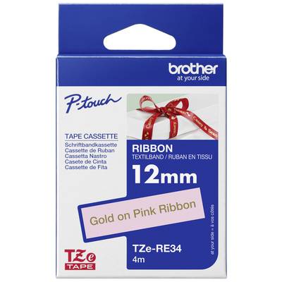 Kazeta pro 12mm textilní pásku v růžové barvě se zlatým potiskem. Značka je Brother, kompatibilní s přístroji P-touch.