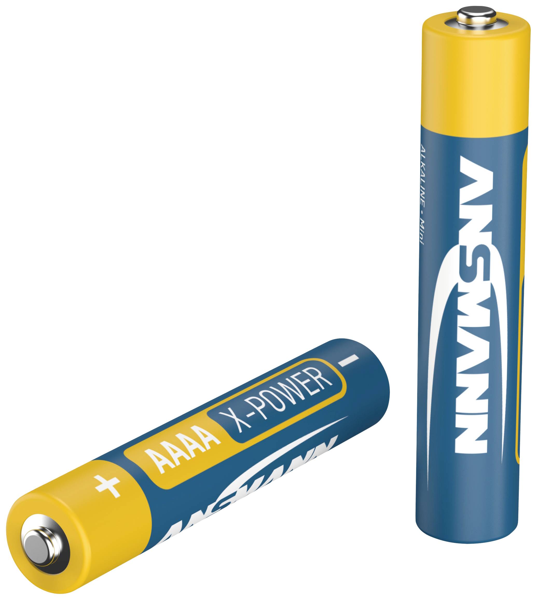 Dvě baterie typu AAAA X-Power od Ansmannu, jedna položená, druhá stojící, na bílém pozadí.