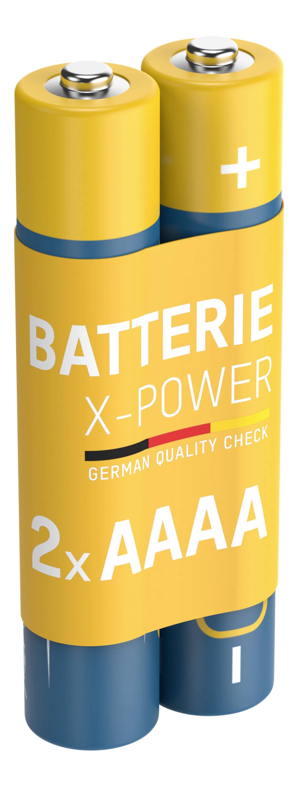Dvě žluté baterie AAAA s nápisem 'BATERIE X-POWER', 'NĚMECKÁ KONTROLA KVALITY' a symbolem '+'.