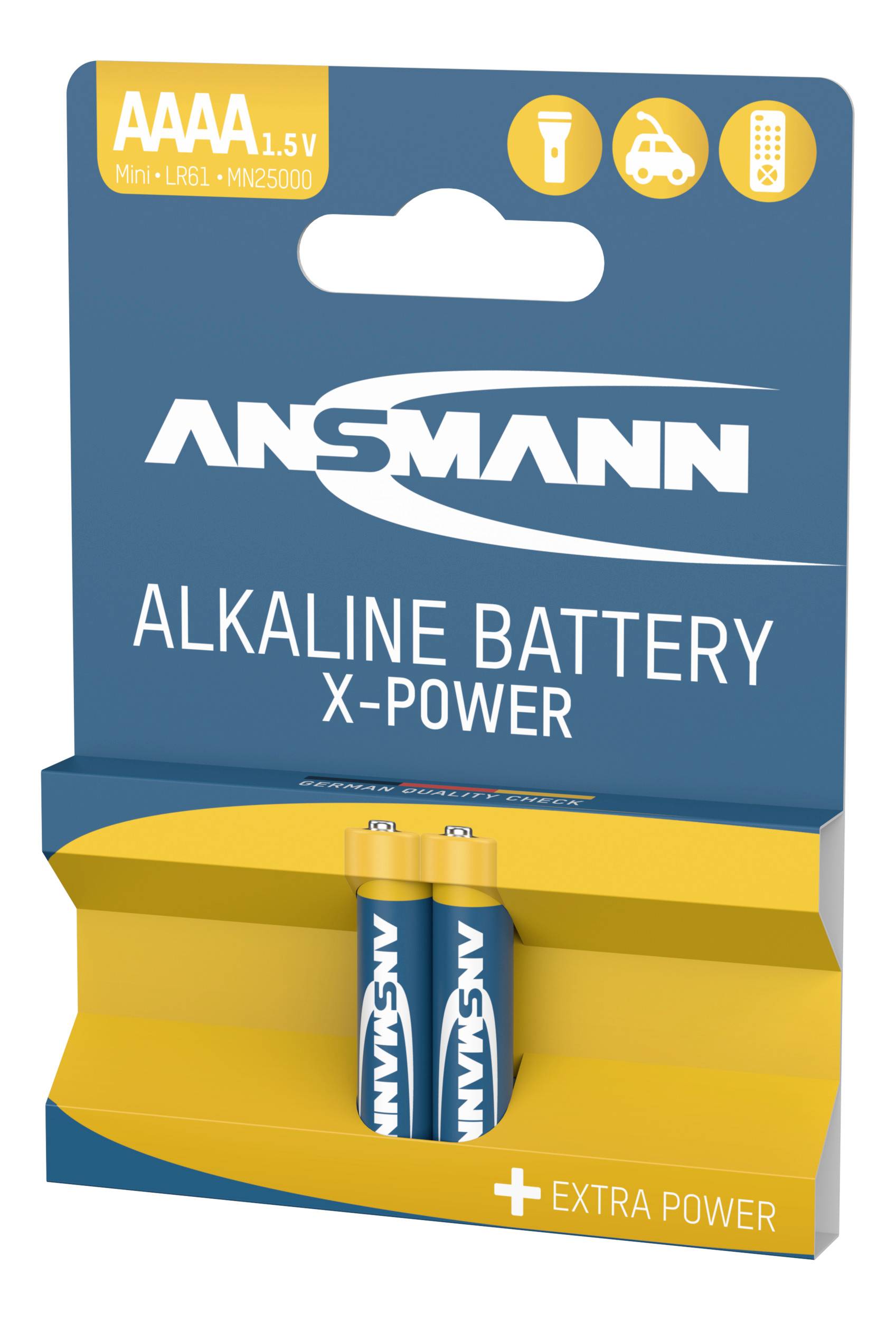 Alkalické baterie X-Power od Ansmannu, AAAA 1,5 V baterie, na modré krabičce s ikonami fotoaparátu, svítilny a hračky.