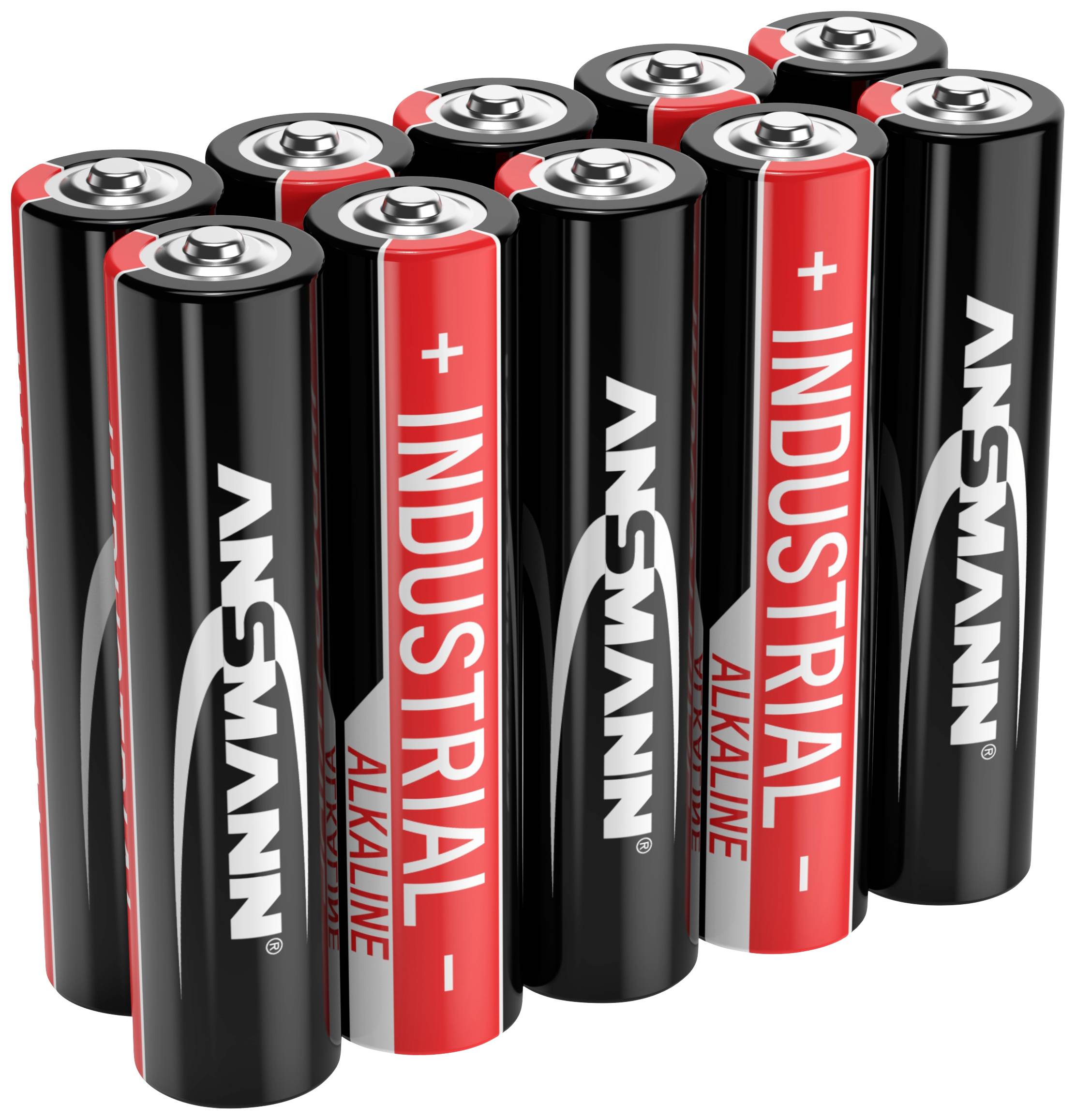Deset AA baterií, ve svislé poloze, čtyři černé, šest červených, s nápisem 'ANSMANN INDUSTRIAL ALKALINE', kladné póly nahoře.