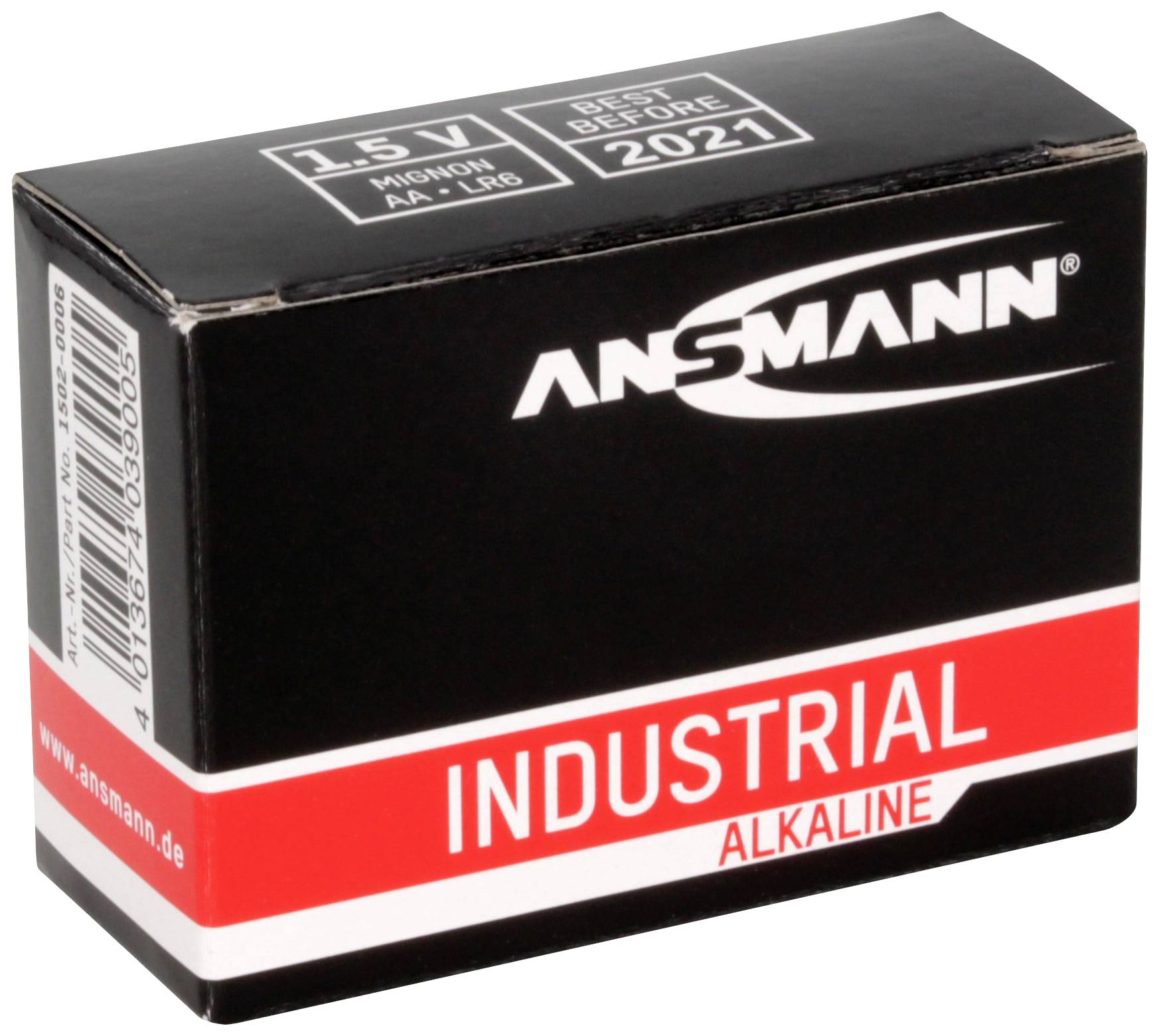 Černý obal s nápisem 'ANSMANN Industrial Alkaline'. Obsahuje 1,5V AA-LR6 baterie s datem minimální trvanlivosti 2021.