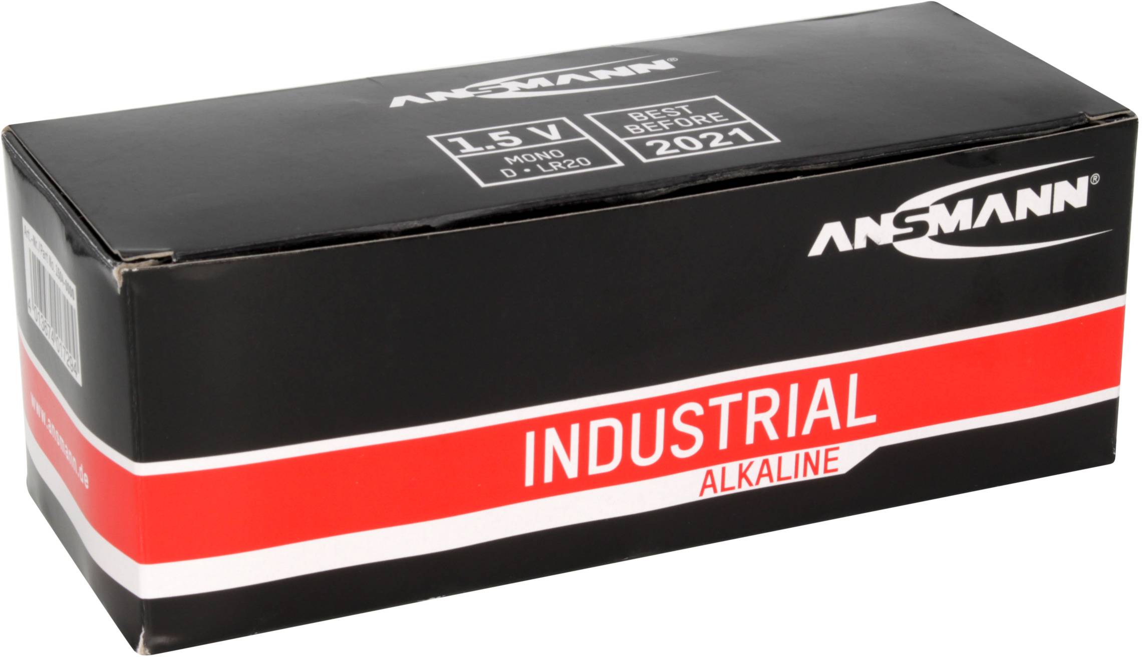 Černý obal s nápisem 'ANSMANN INDUSTRIAL ALKALINE', typ baterie 1,5V, použitelné do roku 2021.