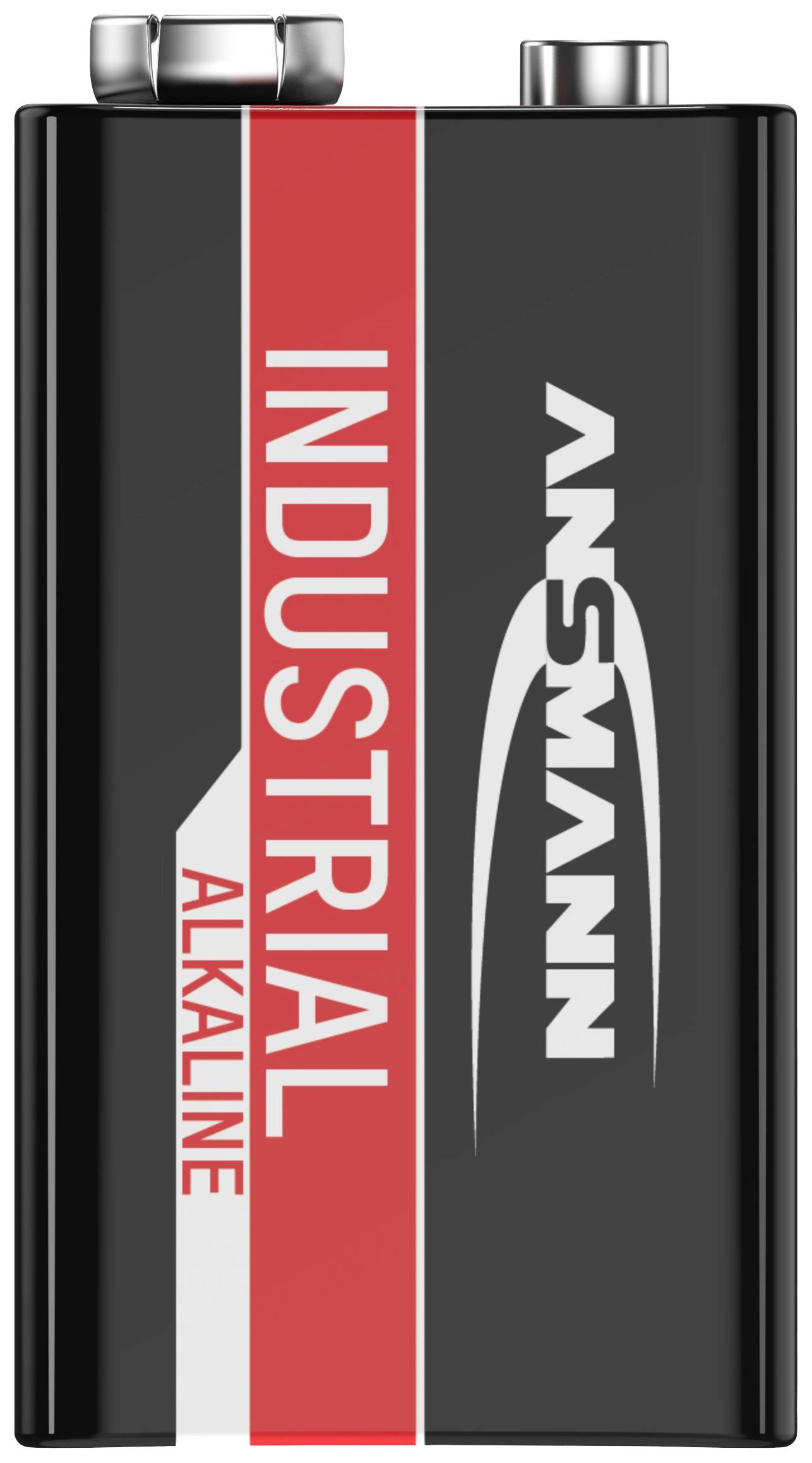 Obdélníková černá baterie s červeným pruhem; na přední straně je viditelný text 'Industrial Alkaline' a logo.