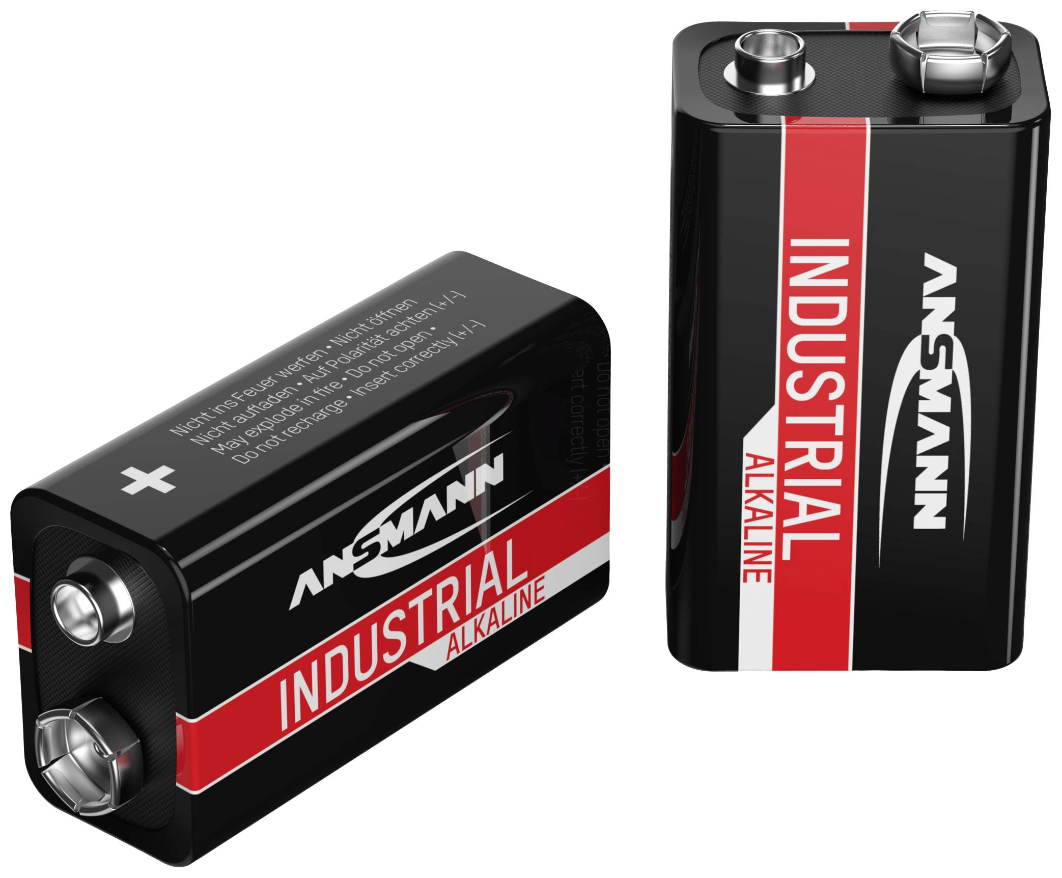 Dva černé 9V bateriové články značky 'Ansmann', s červeným a bílým nápisem 'Industrial Alkaline', pohled zepředu a zezadu.