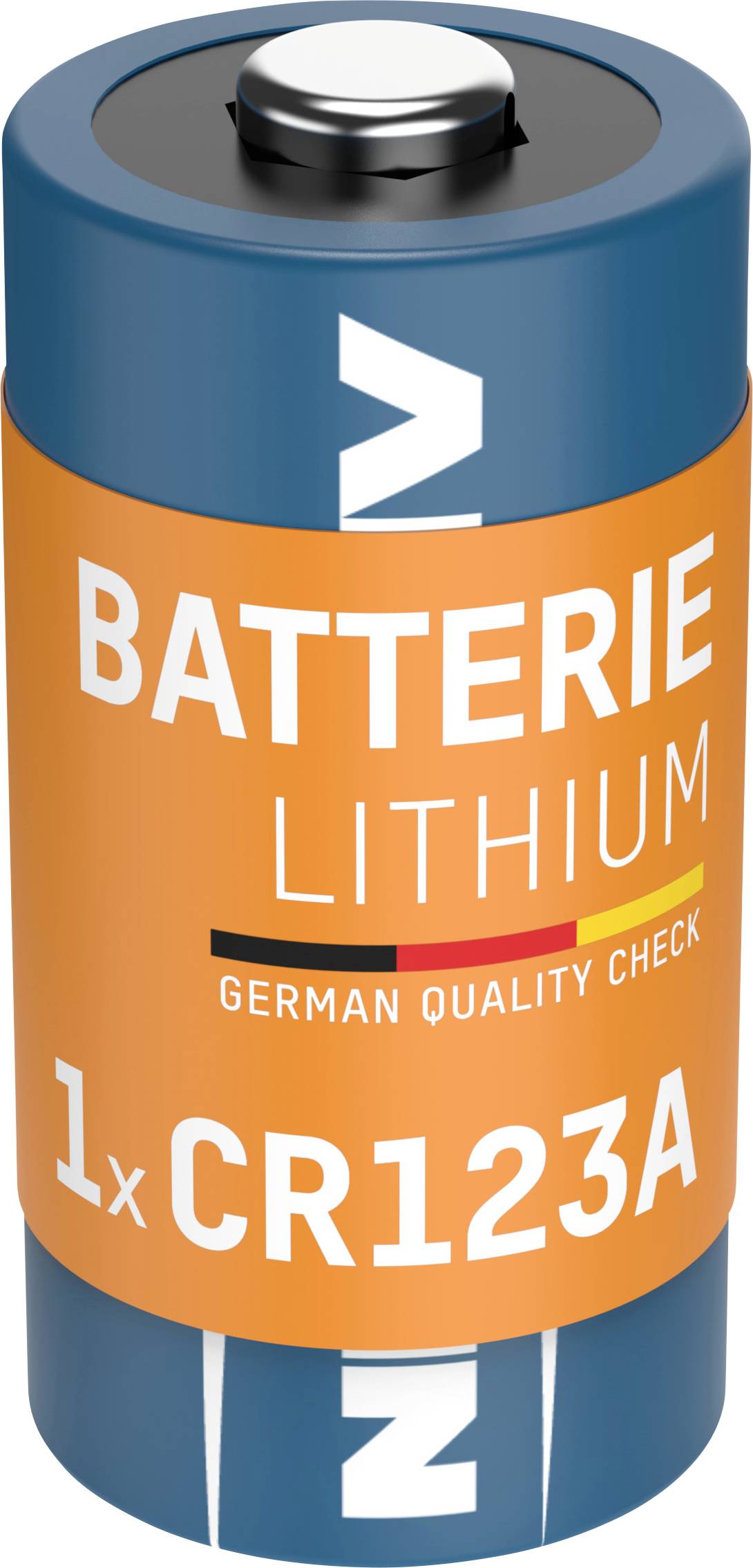 Lithiová baterie, model CR123A, s oranžovou etiketou, nápisy "Lithiová baterie", "Německá kontrola kvality".