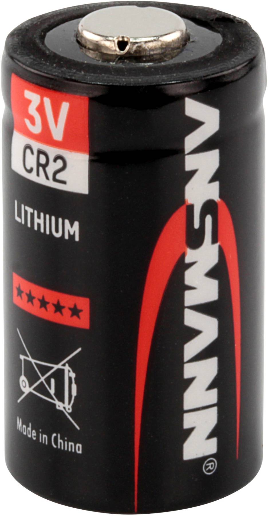 Černá lithiová baterie CR2 s červeným logem a nápisem '3V', 'CR2', 'LITHIUM', pěti červenými hvězdami a 'Vyrobeno v Číně'.