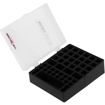 Otevřený černý plastový box s několika přihrádkami, vhodný pro ukládání baterií.