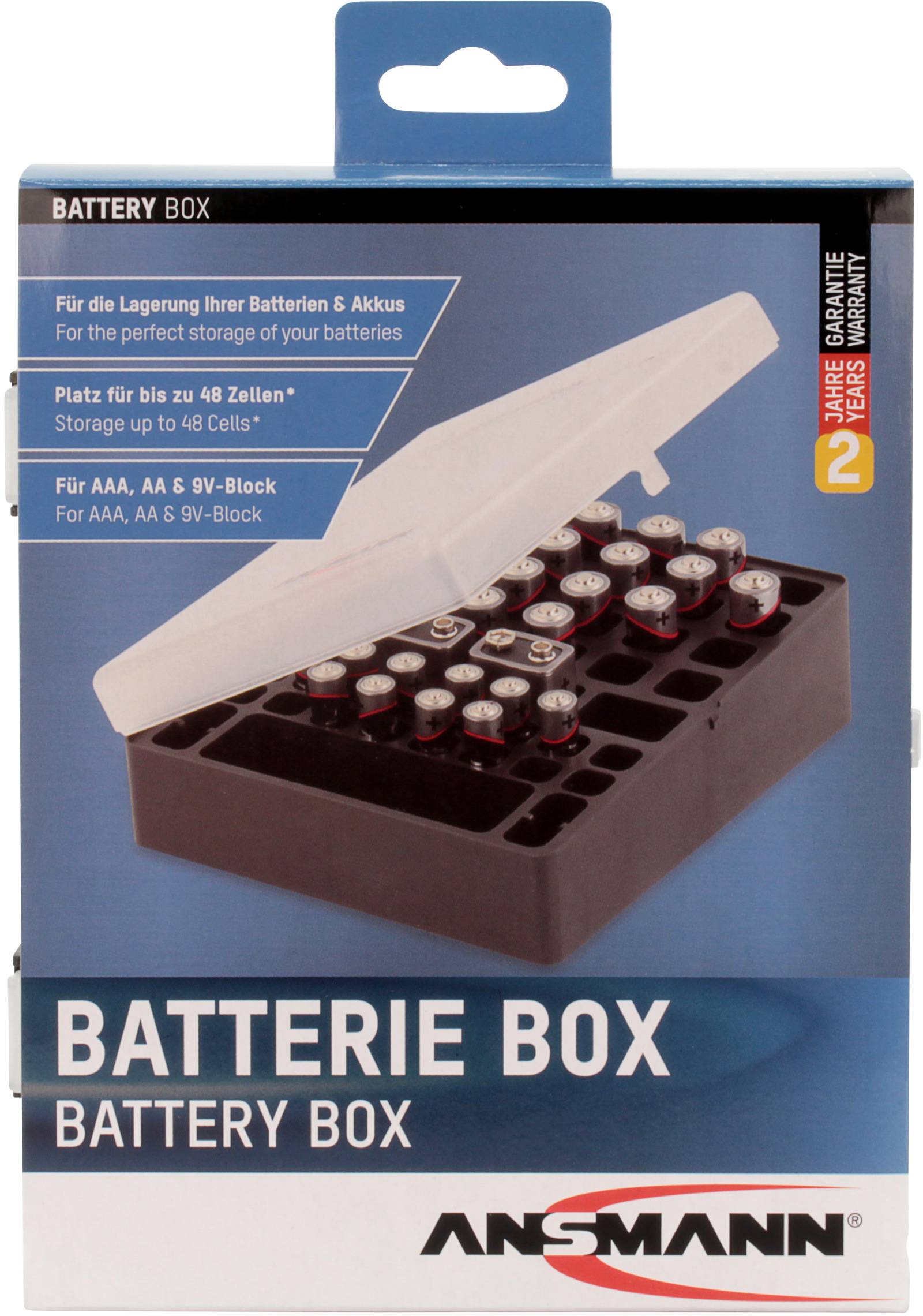 Úložný box na baterie 'BATTERIE BOX' pro uskladnění až 48 baterií (AAA, AA, 9V). Černý vnitřní vložka s bateriemi, průhledné víko.