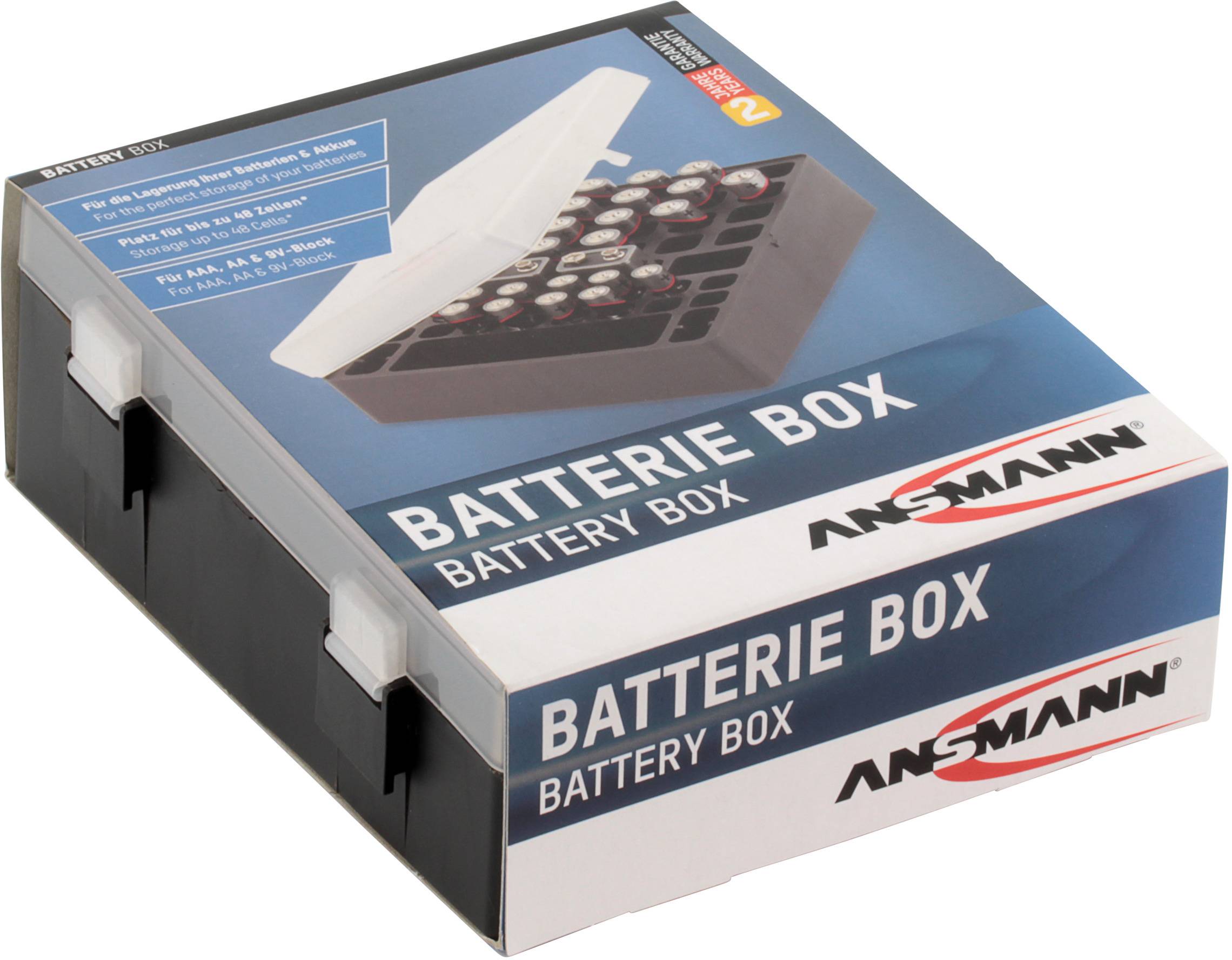 Bateriový box od Ansmannu pro ukládání baterií. Obsahuje třídící přihrádky pro různé velikosti.