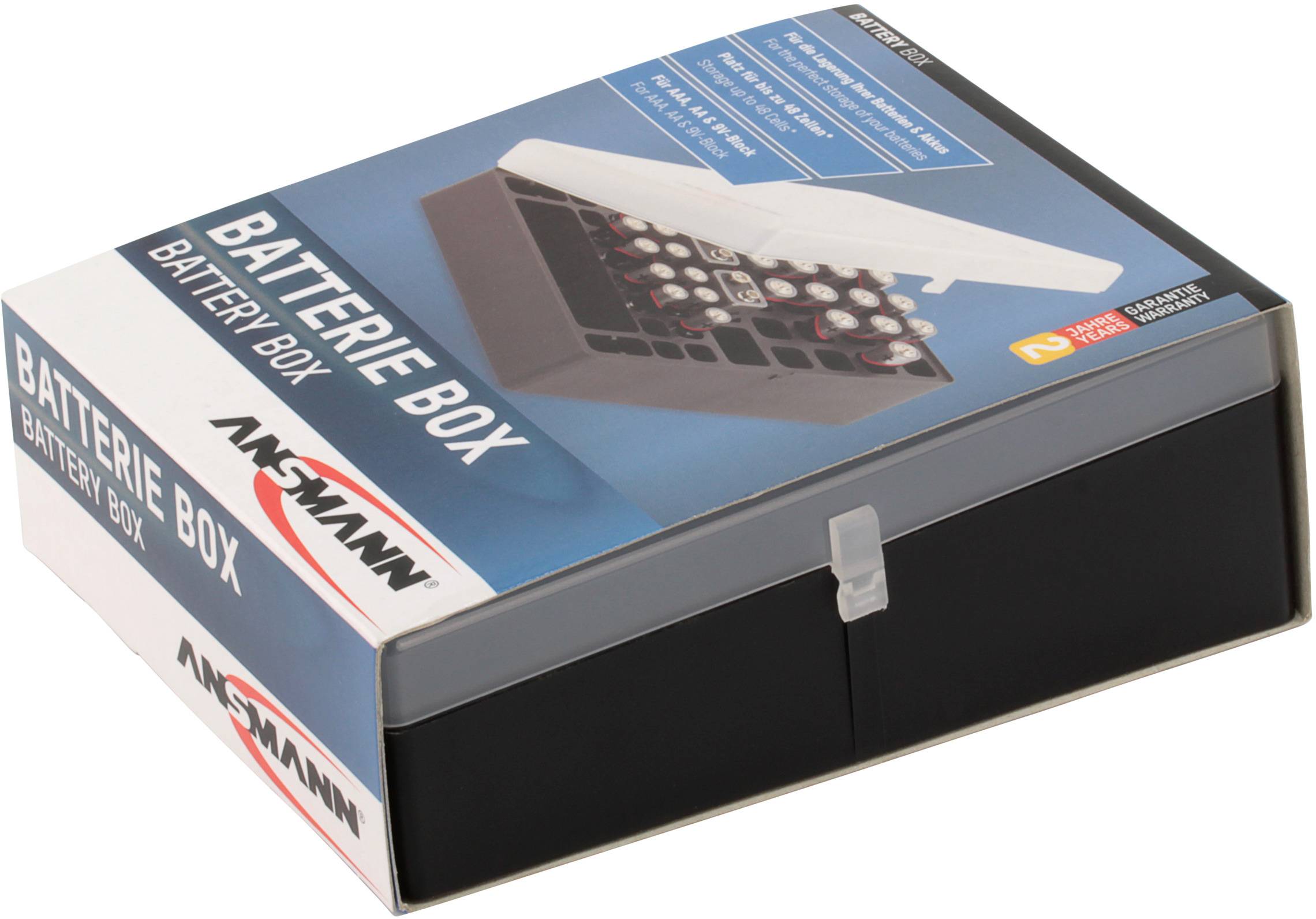 Krabice s nápisem 'Batterie Box' od firmy Ansmann. Obrázek ukazuje obal určený pro uchovávání baterií.