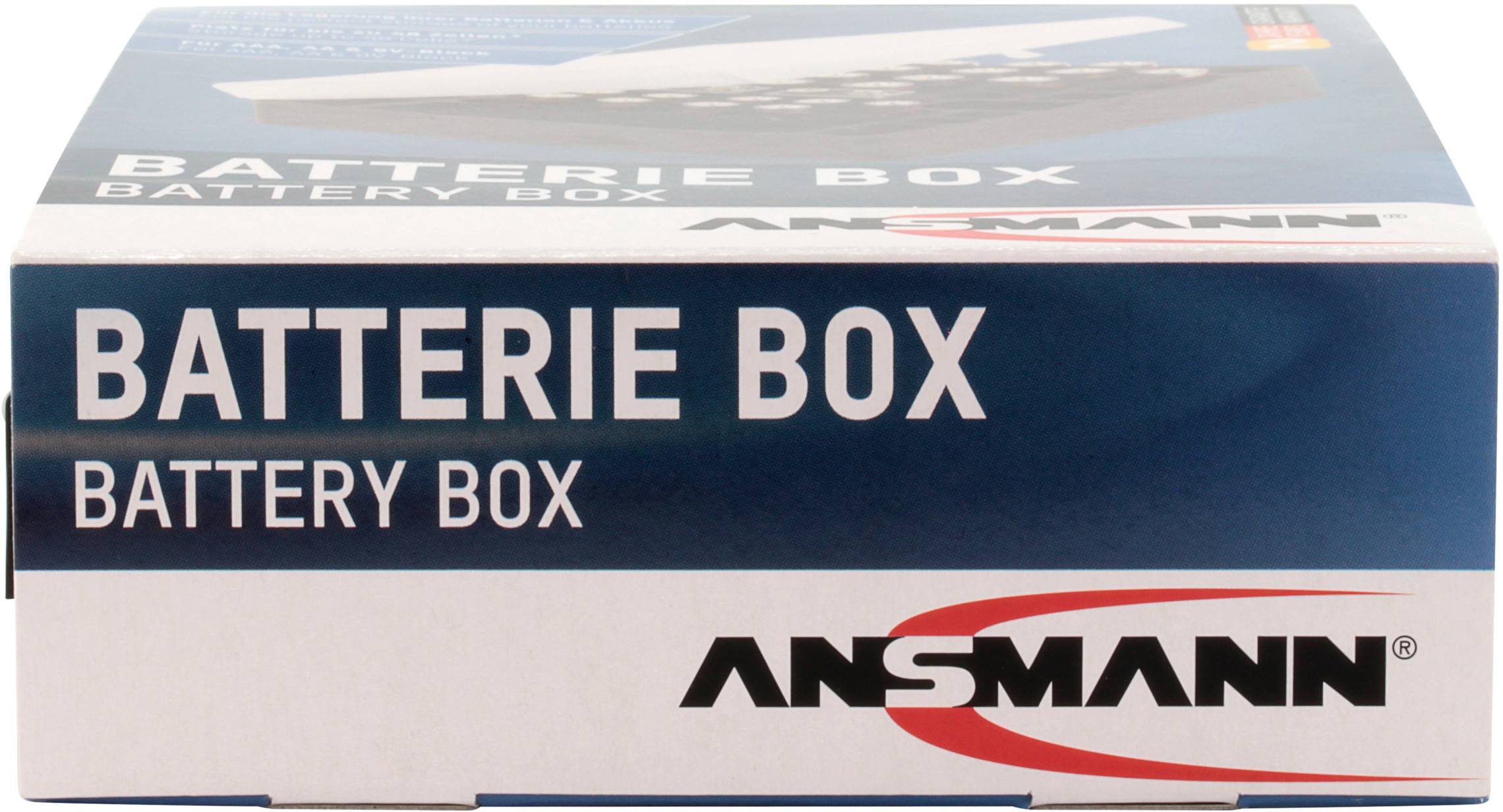 Bateriový box od Ansmann, modro-bílý design, potisk nápisem 'BATTERIE BOX BATTERY BOX'.