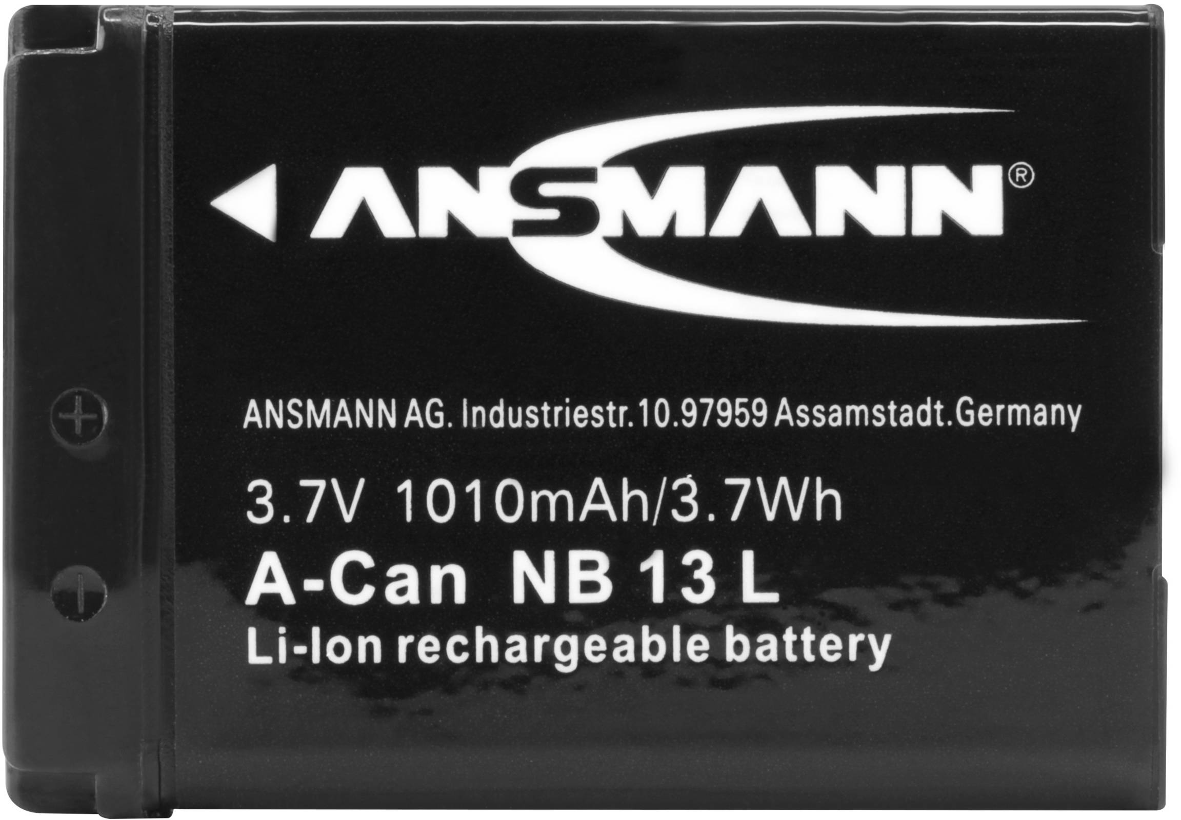 Lithium-iontová baterie, 3,7V 1010mAh, model 'A-Can NB 13 L' od ANSMANN, průmyslová výroba v Německu.