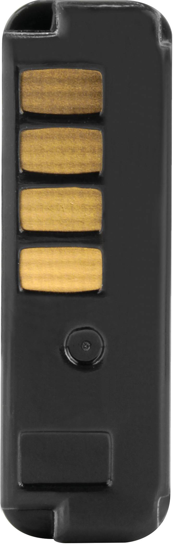 Černý dálkový ovladač se čtyřmi oranžovými tlačítky a centrálním tlačítkem.