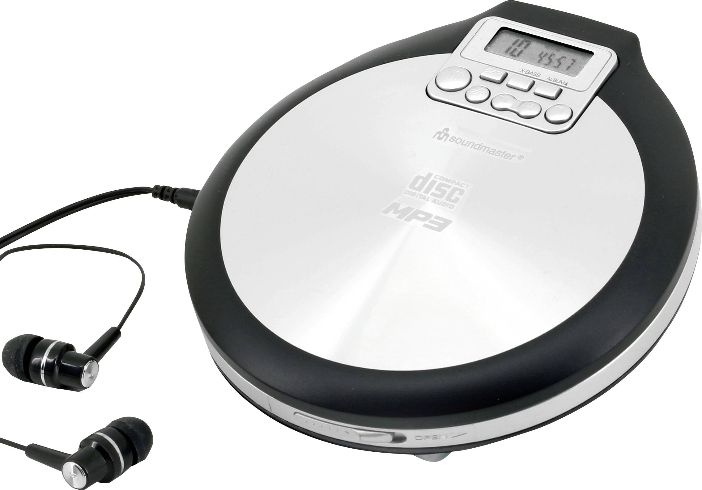 Přenosný přehrávač CD s LCD displejem a drátovými sluchátky na bílém pozadí.