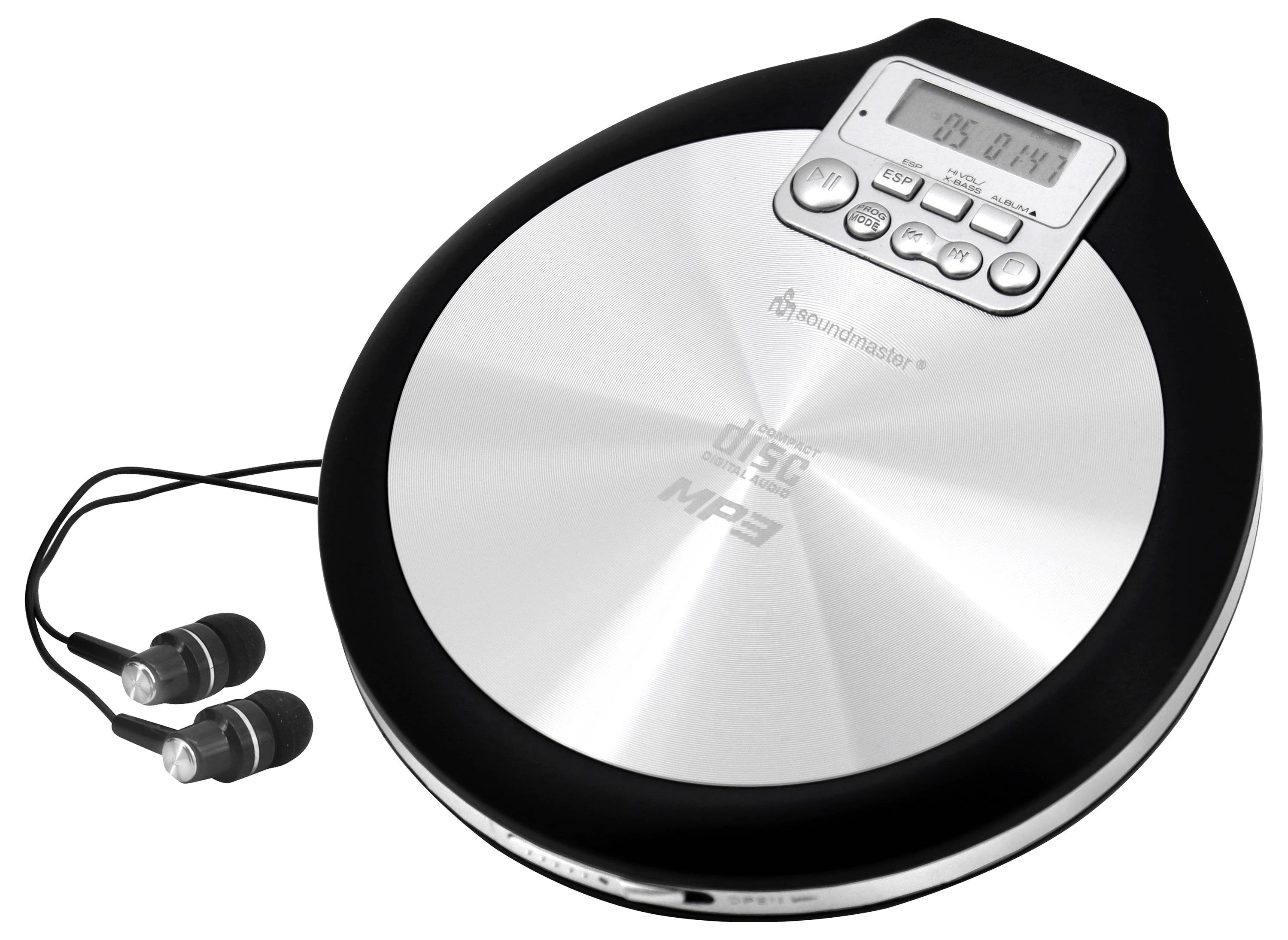 Přenosný přehrávač CD s připojenými sluchátky typu earbud a ovládáním LCD na bílém pozadí.