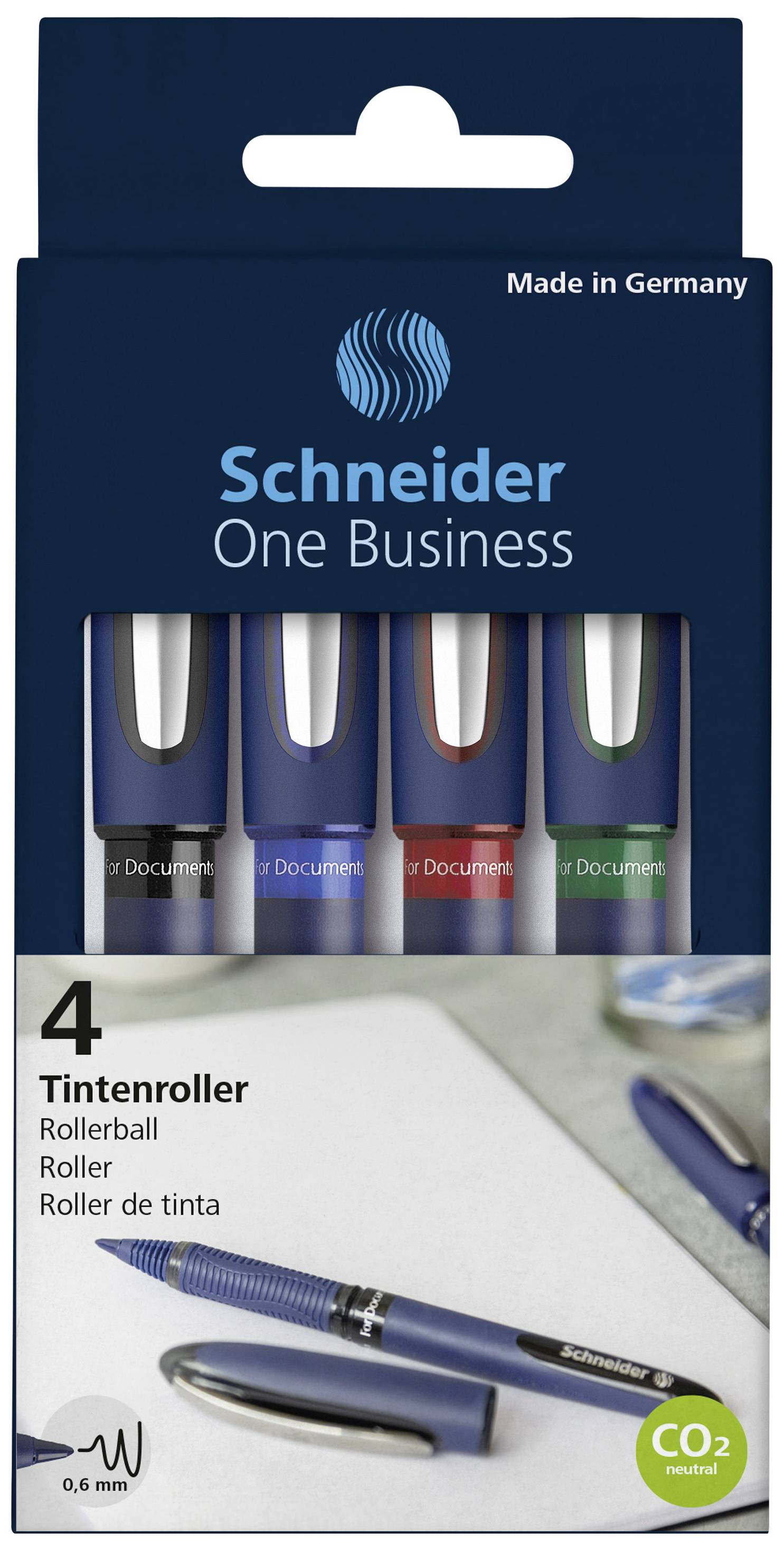 Balení se čtyřmi inkoustovými rollery 'Schneider One Business' v barvách modrá, černá, červená a zelená. Na přední straně zobrazení pera.