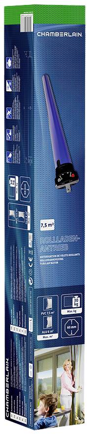 Balení pro Chamberlain motor rolety, zobrazující obrázek výrobku, technické parametry a návod k použití v piktogramech.
