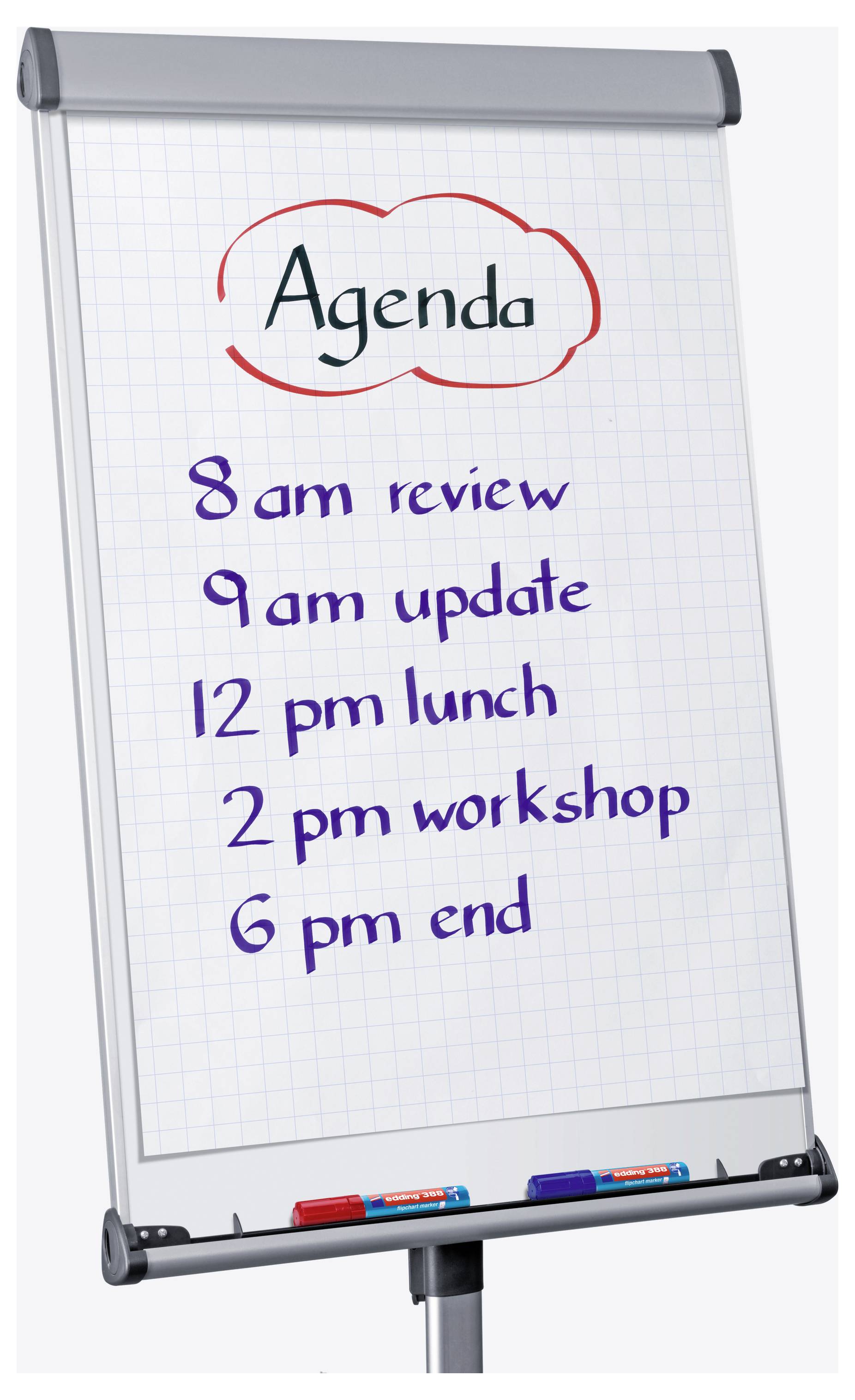 Flipchart s názvem "Program" obsahující:<br><br>8:00 - Kontrola<br>9:00 - Aktualizace<br>12:00 - Oběd<br>14:00 - Workshop<br>18:00 - Konec