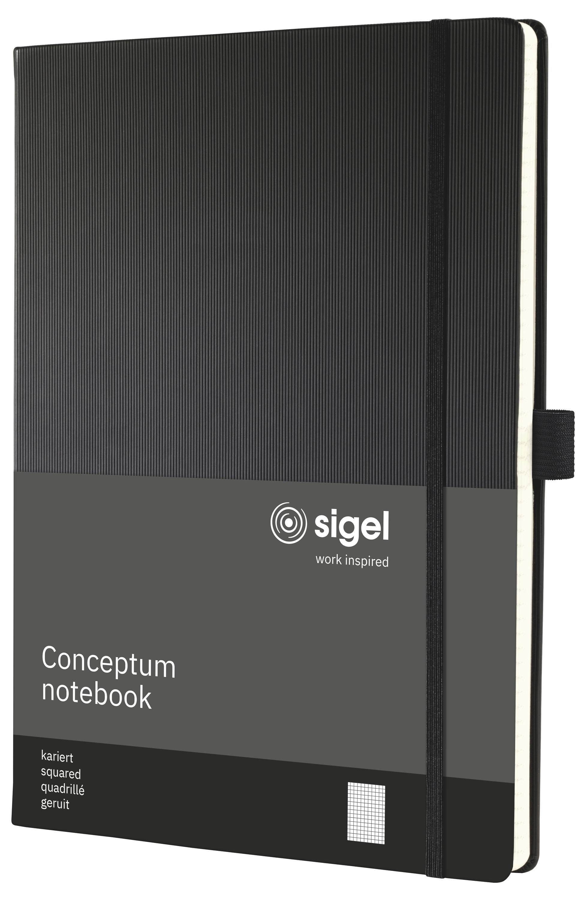 Černý sešit Sigel Conceptum s elastickým zavíráním, označený "Conceptum notebook" a "sigel work inspired".