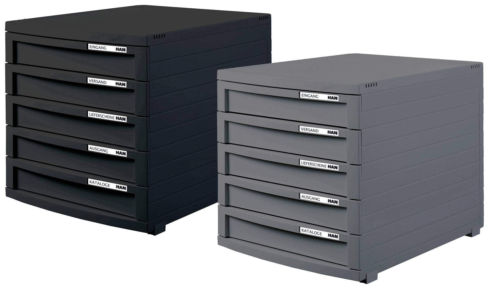 Dvě stohovatelné zásuvkové boxy, jeden černý a jeden šedý, každý s označenými zásuvkami 'Expedice', 'Kancelářské dokumenty', 'Příchozí'.