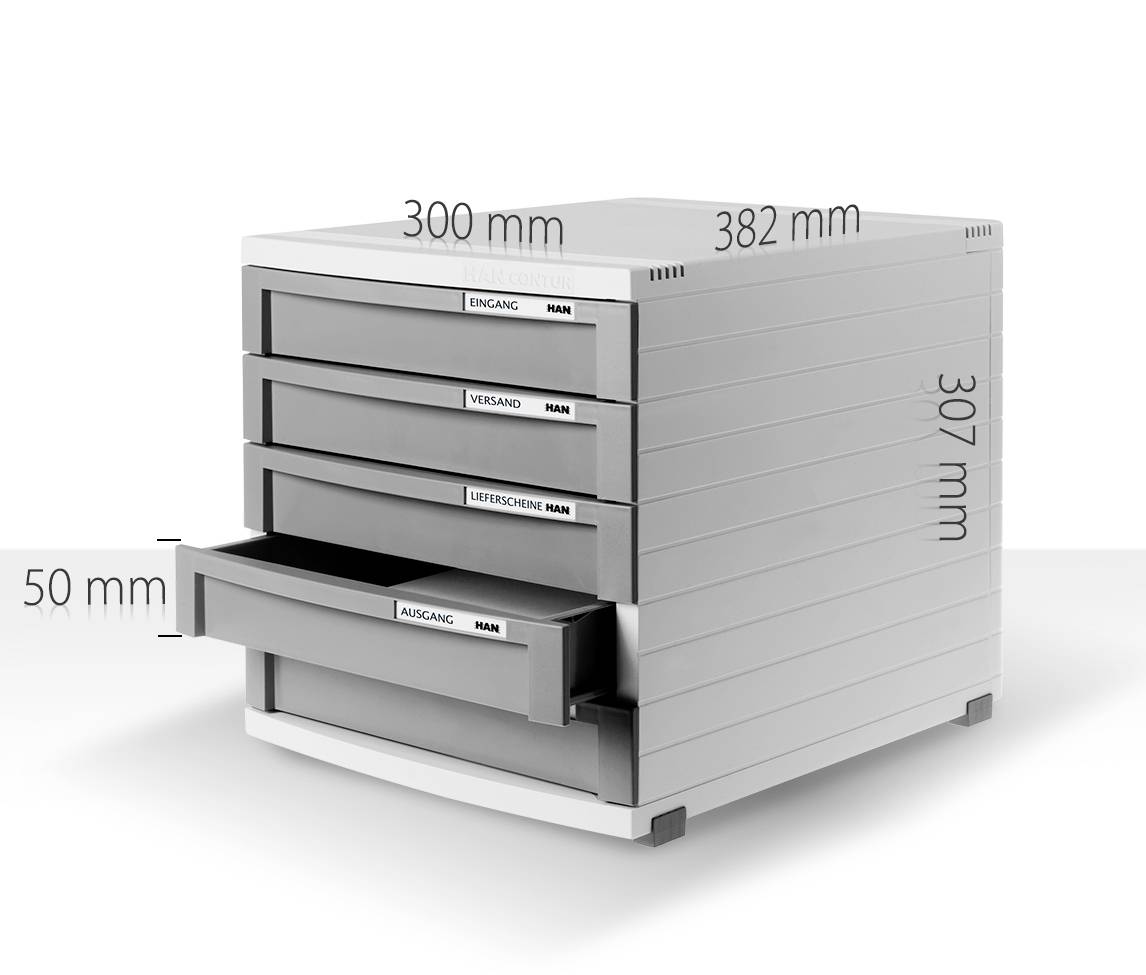 Kovový zásuvkový skříňový díl se čtyřmi zásuvkami. Rozměry: 300 mm šířka, 307 mm výška, 382 mm hloubka. Jedna zásuvka je otevřená.