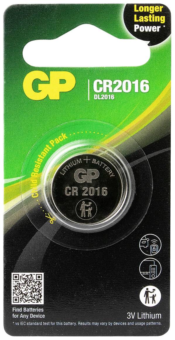 Balení GP Ultra+ CR2016 3V lithiové knoflíkové články s upozorněním na „50% EXTRA LIFE".
