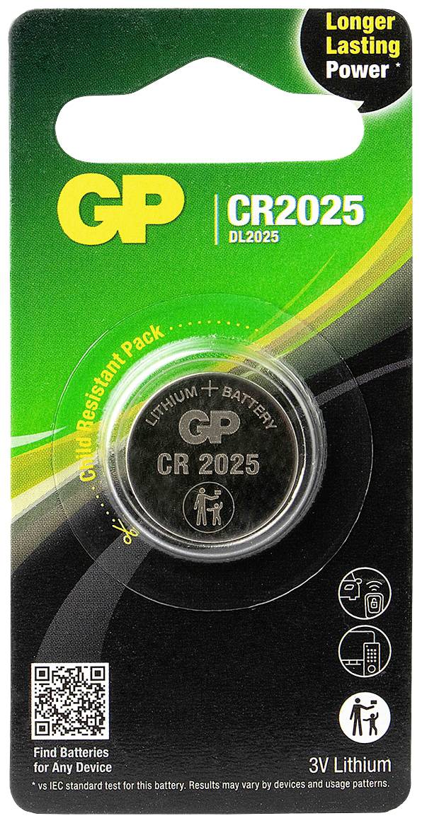 Balení a knoflíková baterie 'GP Ultra+ CR2025' s označením '3V LITHIUM' a '+80% EXTRA LIFE' spolu s obrázkem baterie na šedém pozadí.