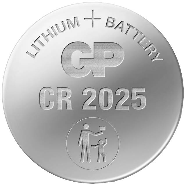 Stříbrná knoflíková baterie s nápisem „GP Ultra+ LITHIUM CR2025" a symbolem pro děti, lithiová baterie CR2025.