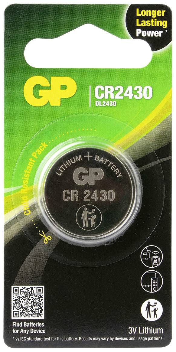 Balení GP Ultra+ CR2430 3V lithiové knoflíkové baterie, zeleno-šedivý design s názvem produktu a upozorněním „Longer lasting power".