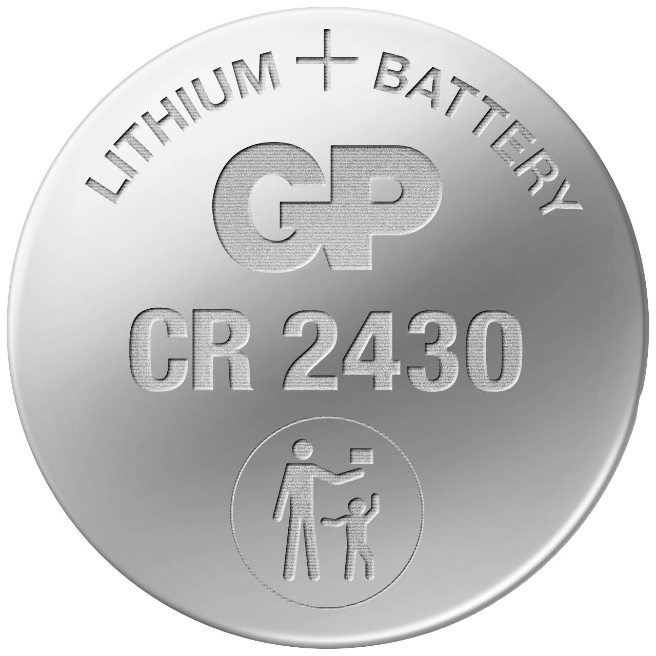Stříbrná lithiová knoflíková baterie s nápisem 'GP CR2430', pod ní výstražný symbol pro děti.