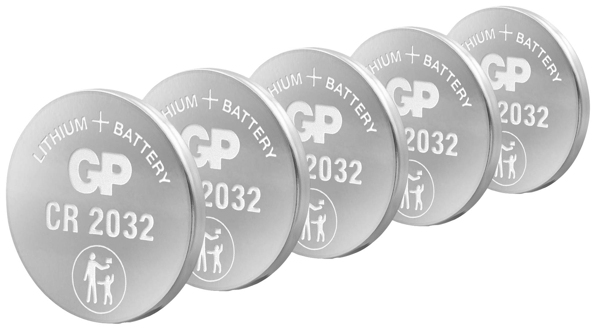 Pět překrývajících se stříbrných knoflíkových článků typu GP Ultra+ Lithium CR2032 na bílém pozadí.