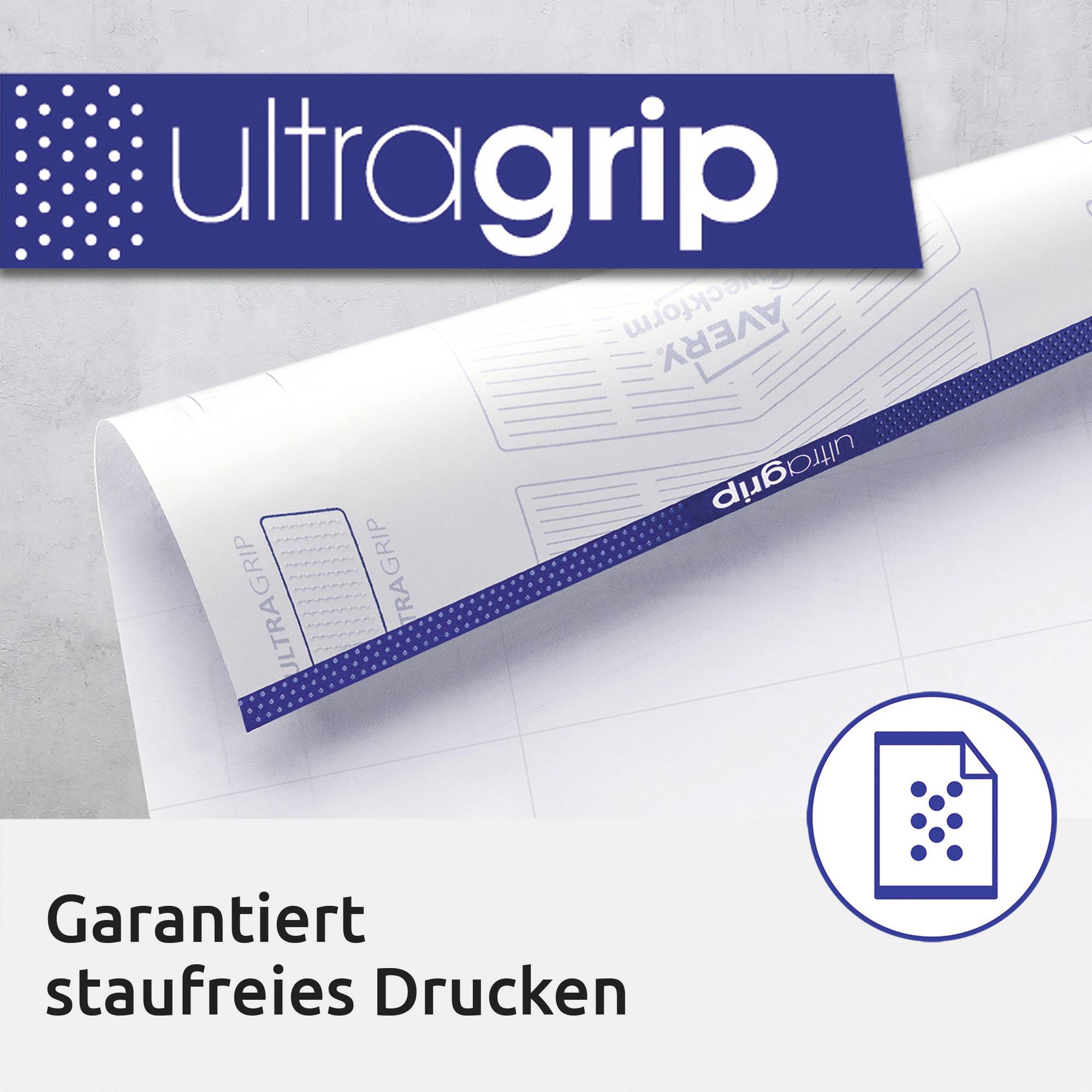 Obrázek s okraji papíru propagovanými pro tisk bez zasekávání. Vlevo nahoře je logo s textem 'ultragrip'.