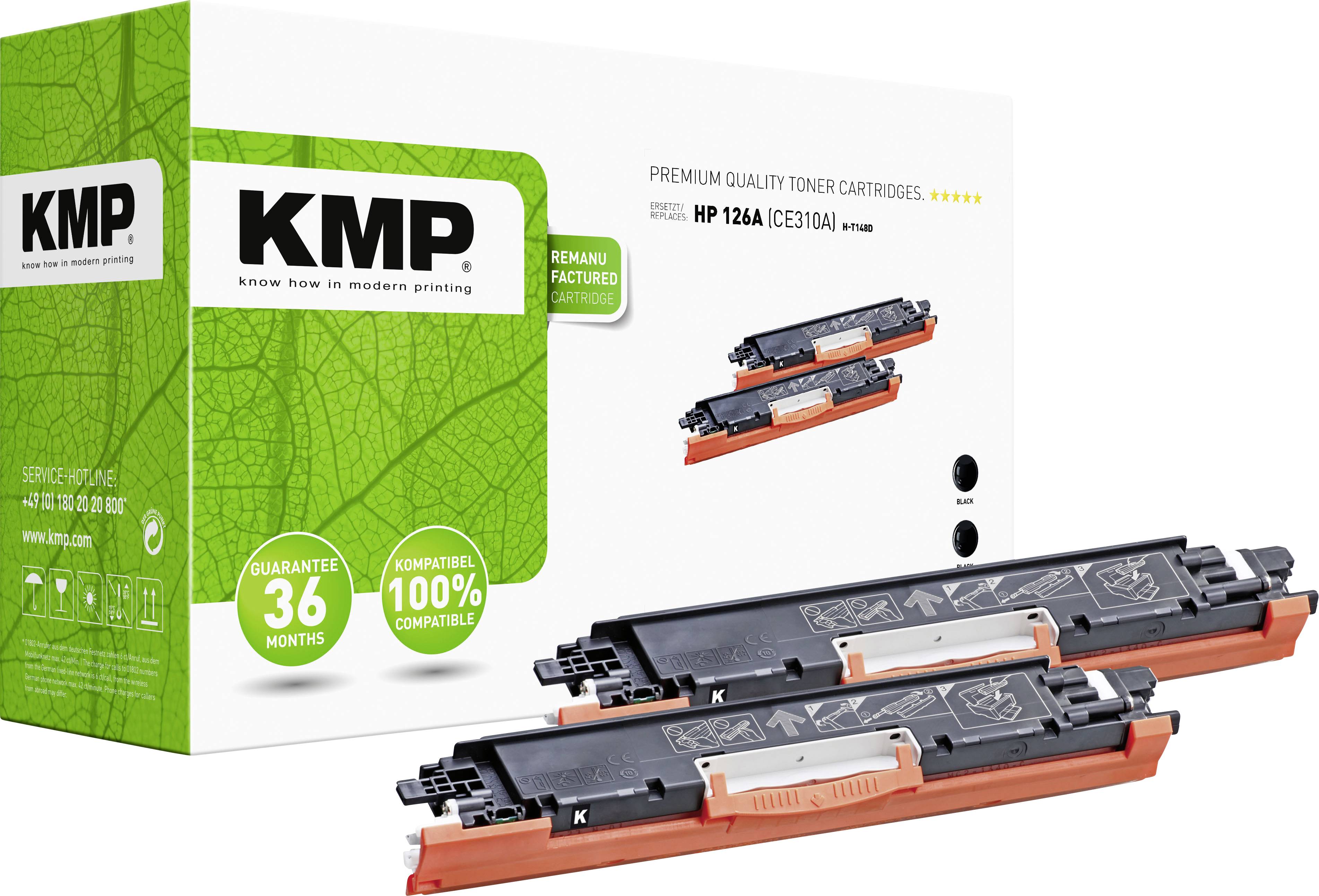 Dvě černé tonerové kazety před krabicí s nápisem „KMP". Obal zdůrazňuje ekologické, repasované produkty.