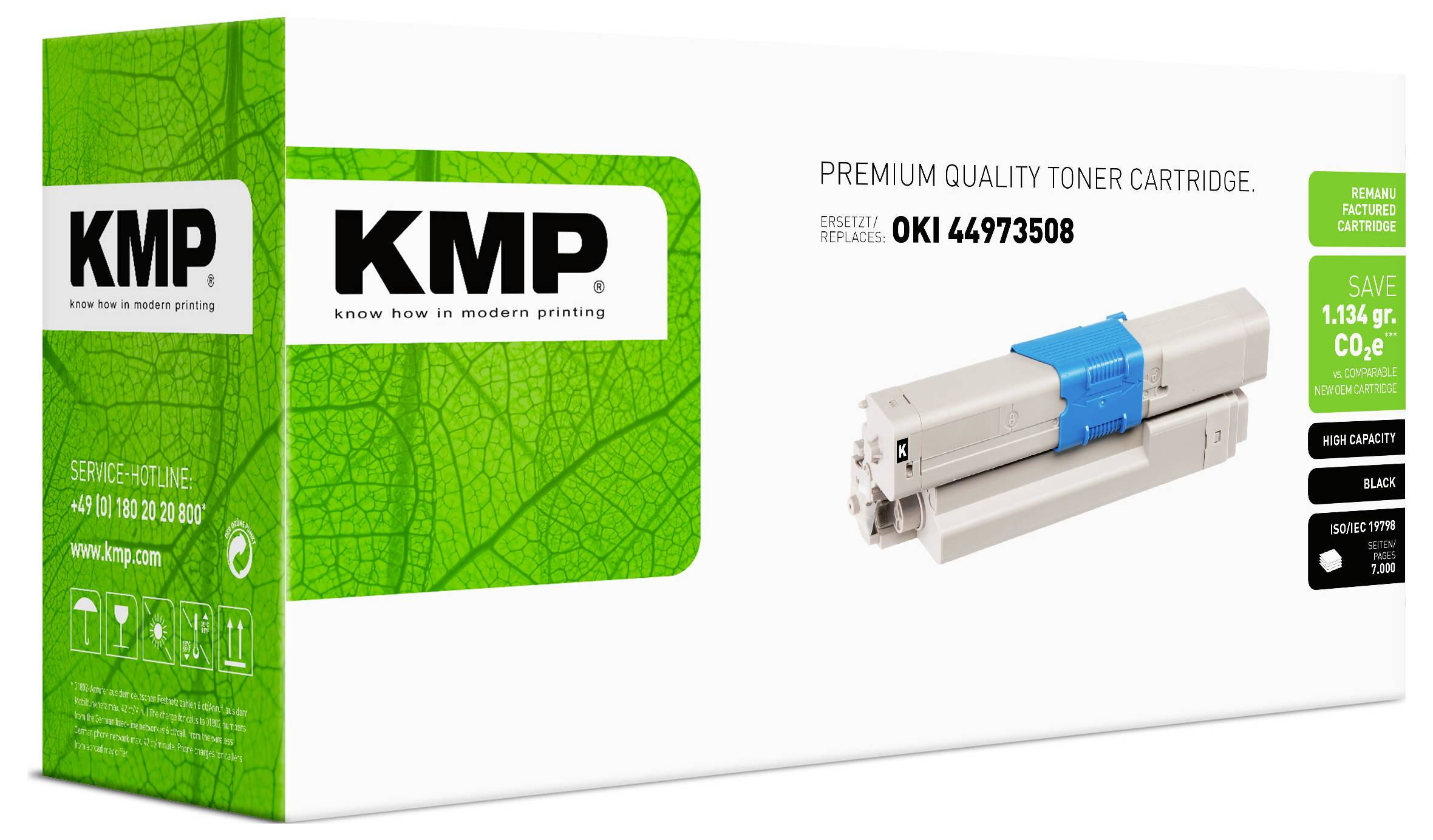 Obal toneru KMP prémiové kvality pro OKI 44973508, s fotografií kazety a zelenými štítky, které zvýrazňují informace o výměně a úsporách.