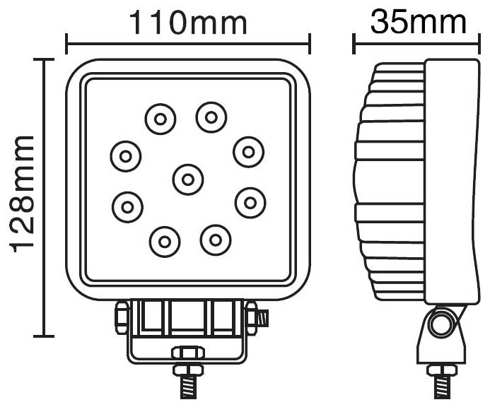 Technický výkres čtvercového LED světla o rozměrech 110 mm x 35 mm x 128 mm, zobrazující přední a boční pohled.