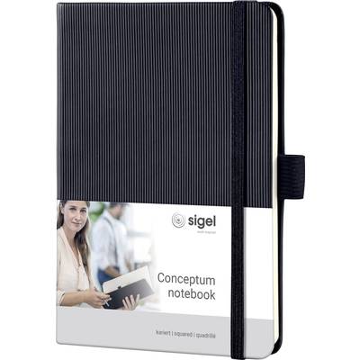 Poznámkový blok 'Conceptum' od Sigelu s černou vazbou a gumičkovým uzávěrem. Na obalu je obrázek osoby s poznámkovým blokem.