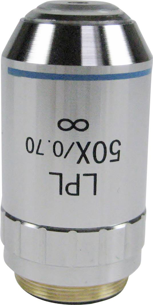Mikroskopický objektiv 50x/0.70, vhodný pro nekonečně korigované systémy. Stříbrné pouzdro s modým označením.