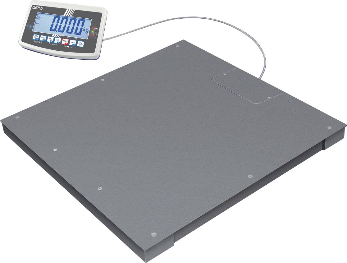 Elektronická váha s velkou šedou plošinou a digitálním displejem připojeným kabelem. Displej ukazuje '0,0 kg'.