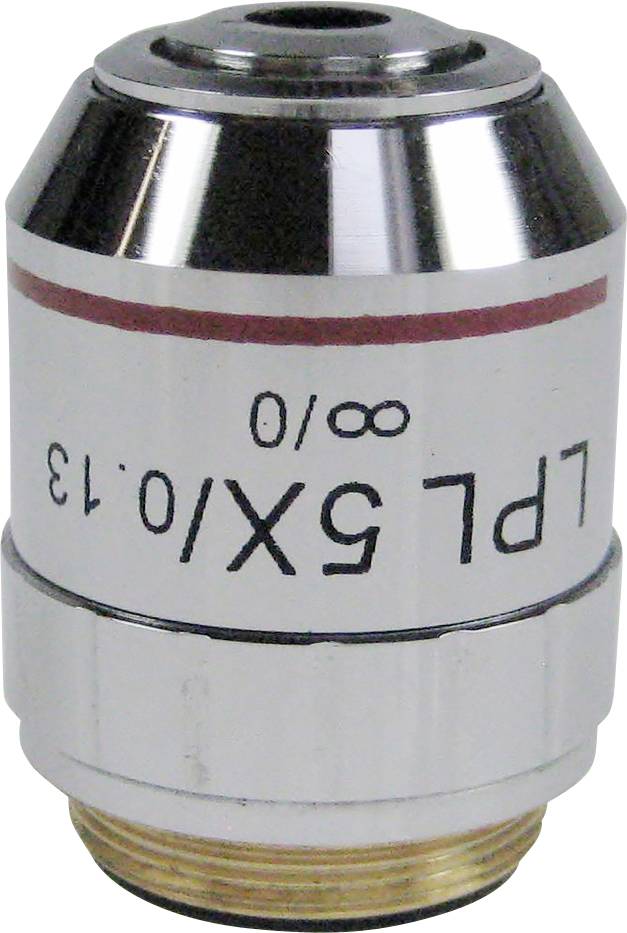 Mikroskopický objektiv s nápisem 'PL 6x/0,13 ∞/0'. Kovový, válcovitý, s červeným a stříbrným pruhem, určený pro zvětšení.