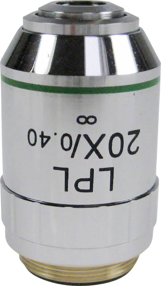 Kovový mikroskopický objektiv s nápisem '20x/0,40 LPL', vhodný pro zvětšení 20× v laboratořích.