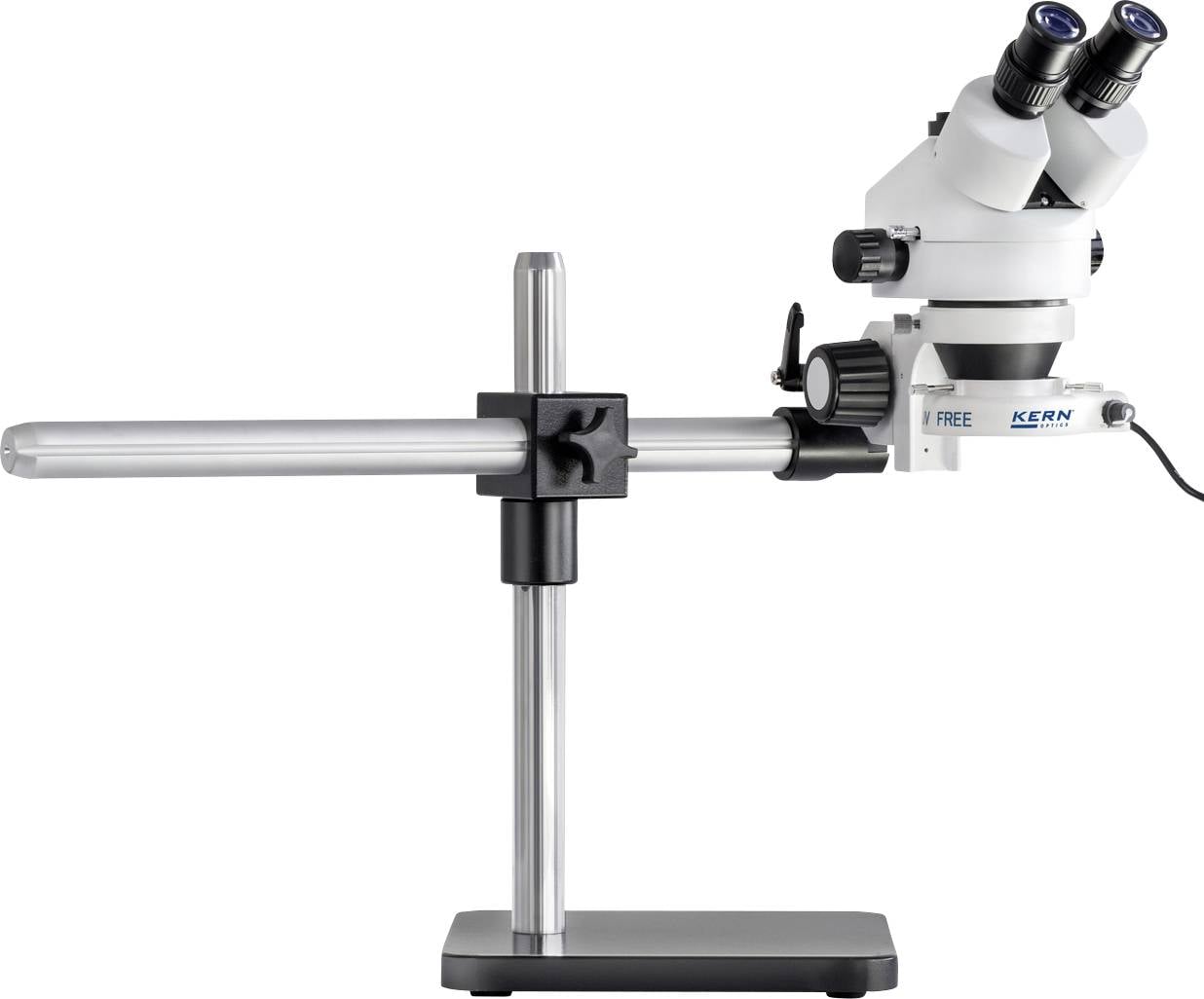Mikroskop se dvěma okuláry, upevněný na stabilním nastavitelném stojanu, vhodný pro přesné laboratorní analýzy.