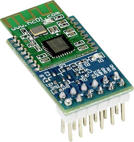 Modré, obdélníkové Bluetooth modul s černo-zeleným čipem a bílými konektory. Vhodné pro bezdrátovou komunikaci.
