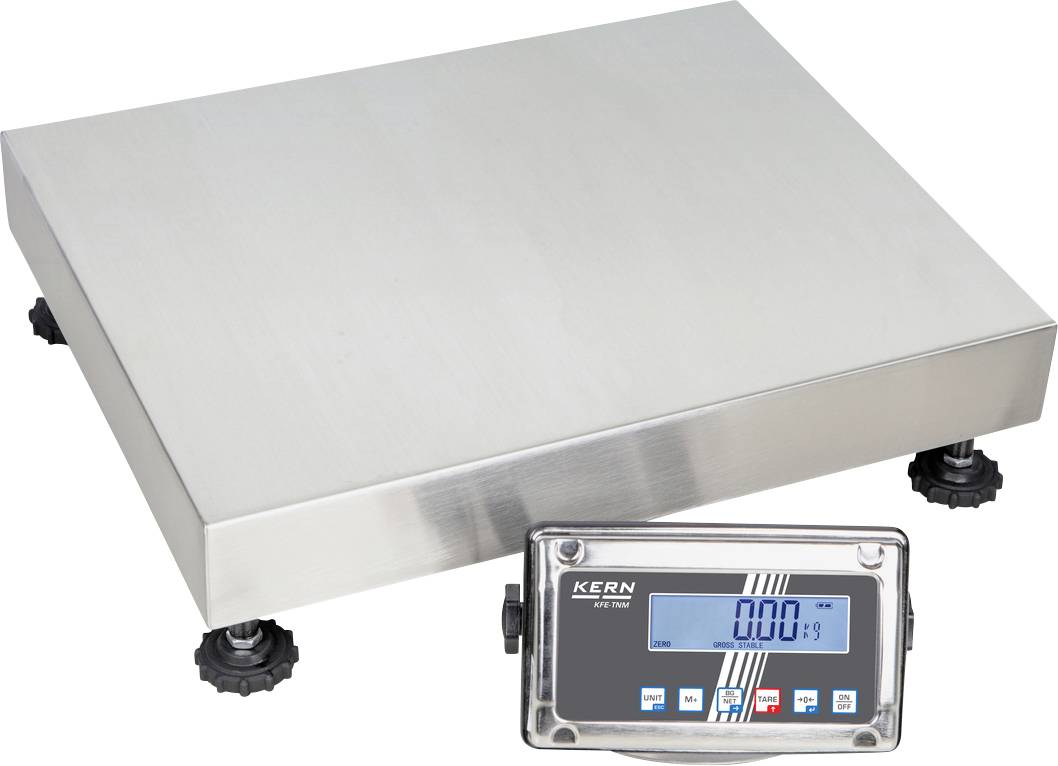 Digitální plošinová váha z nerezové oceli se čtyřmi nastavitelnými nožkami a digitálním displejem, který ukazuje '0,00 kg'.