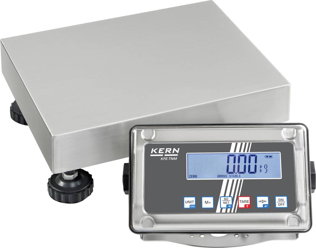 Elektronická váha s digitálním displejem zobrazujícím '0,00 kg'. Ovládací tlačítka pro jednotky, tárování a zapnutí/vypnutí.