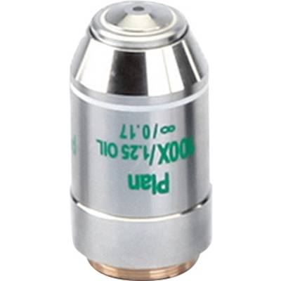 Stříbrné mikroskopické objektiv s nápisem 'Plan 100X/1.25 Oil'. Slouží ke zvětšení a detailnímu pozorování vzorků.