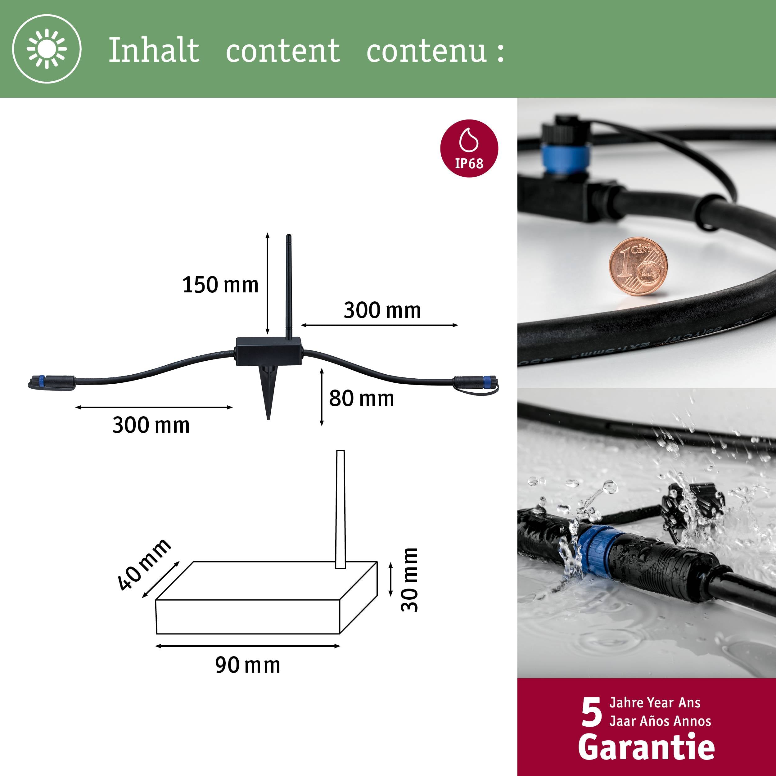 Diagram T-kusu s rozměry: 300 mm šířka, 150 mm výška, 80 mm výška mezi vertikálami. Stupeň krytí IP68, 5 let záruky.