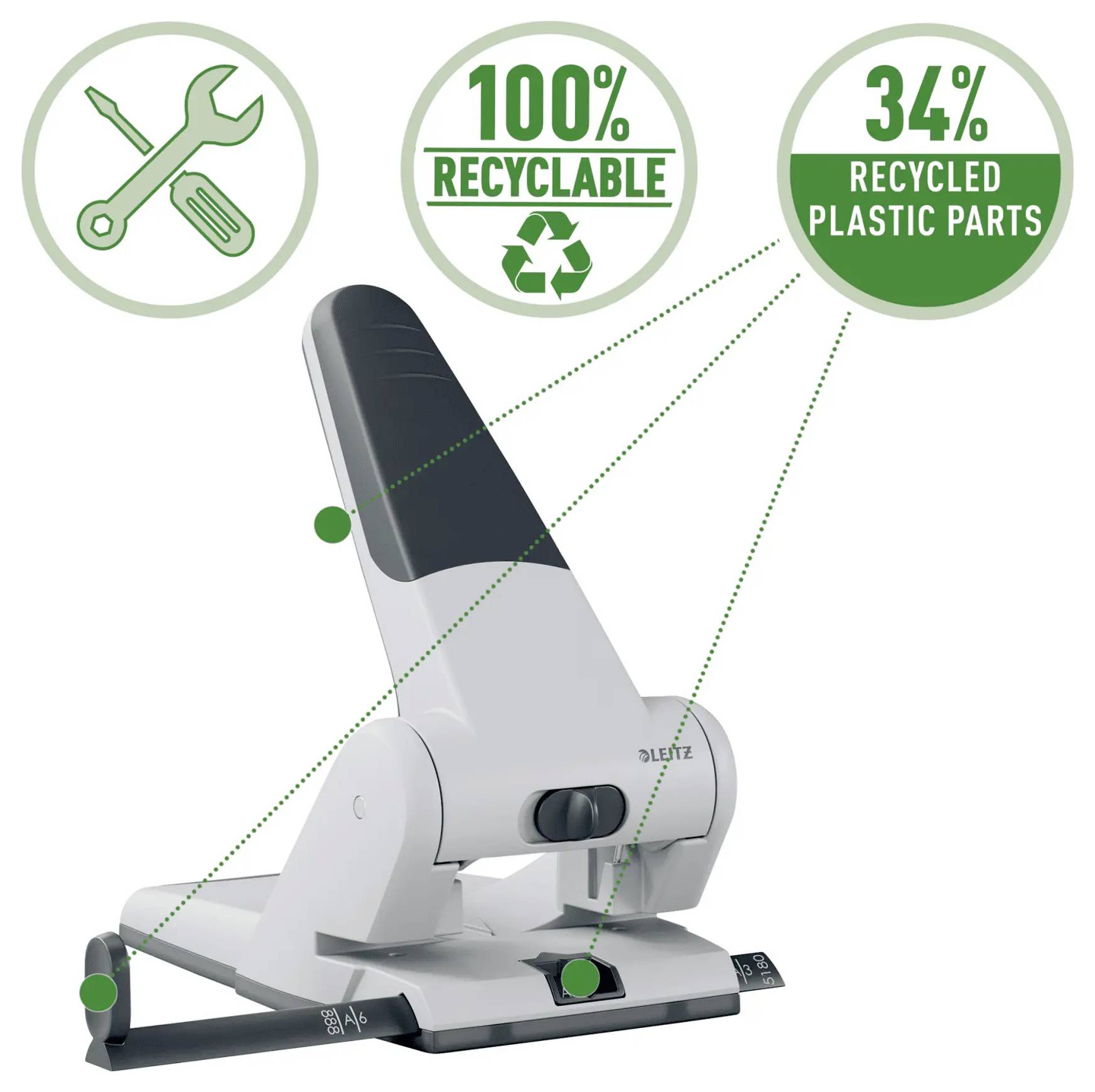 Bílá a šedá sešívačka s důrazem na udržitelnost, ukazující ikony pro „100% Recyklabilní" a „34% Dílů z Recyklovaného Plastu".