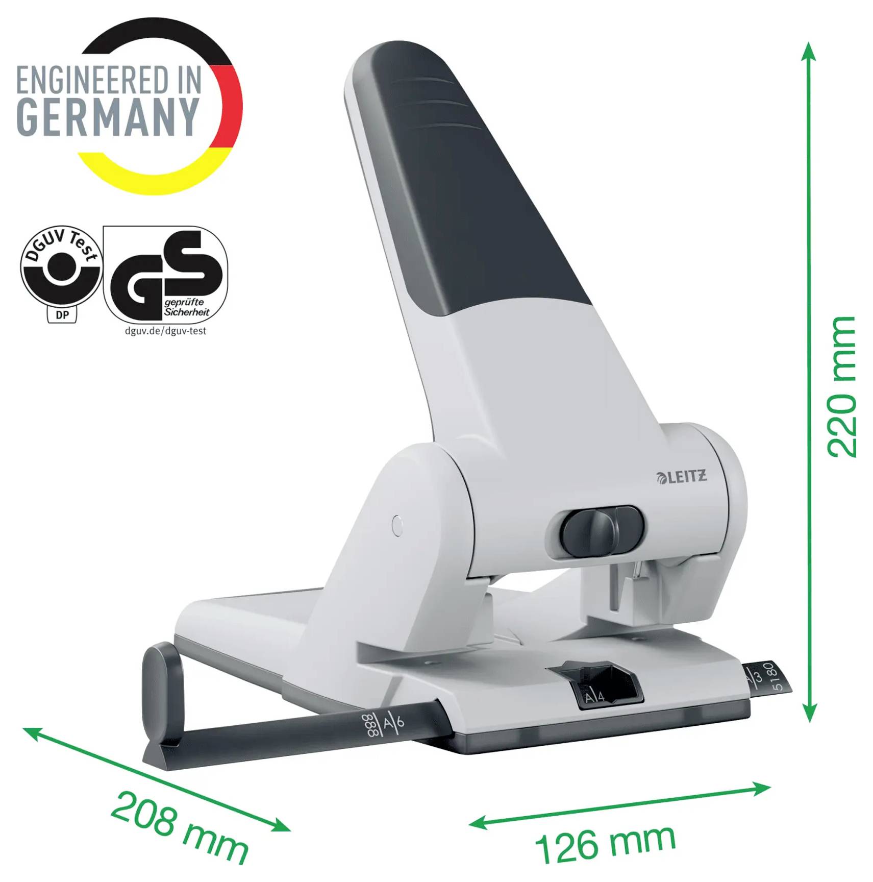 Děrovač Leitz v šedé a černé barvě, zobrazen s rozměry: výška 220 mm, hloubka 208 mm a šířka 126 mm. Štítky uvádějí konstruován v Německu a bezpečnostní certifikace.