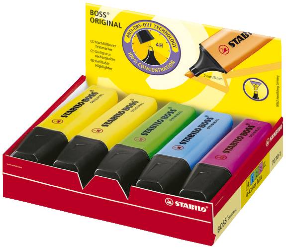 Balení šesti zvýrazňovačů Stabilo Boss Original v různých barvách: žluté, oranžové, zelené, modré, růžové a žluté.